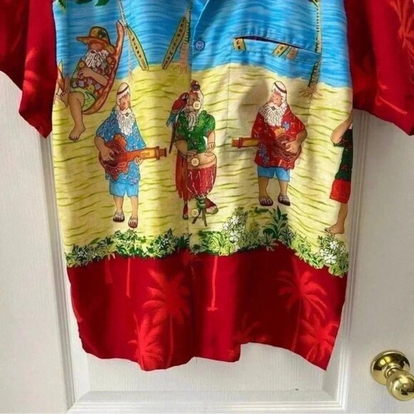 Rima Mens Hawaiian Santa Shirt Short Sleeve Button Front Red Blue Yellow Medium - Picture 5 of 13